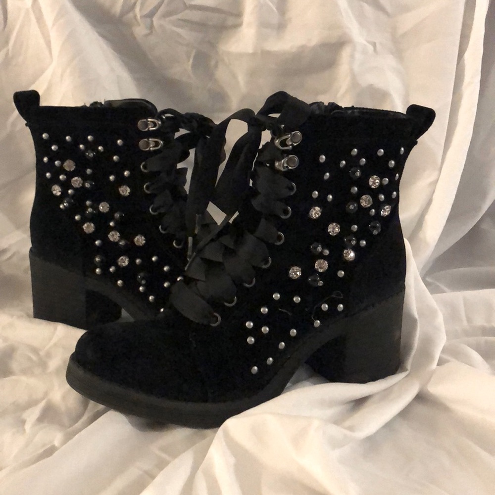 Black jeweled heel boots